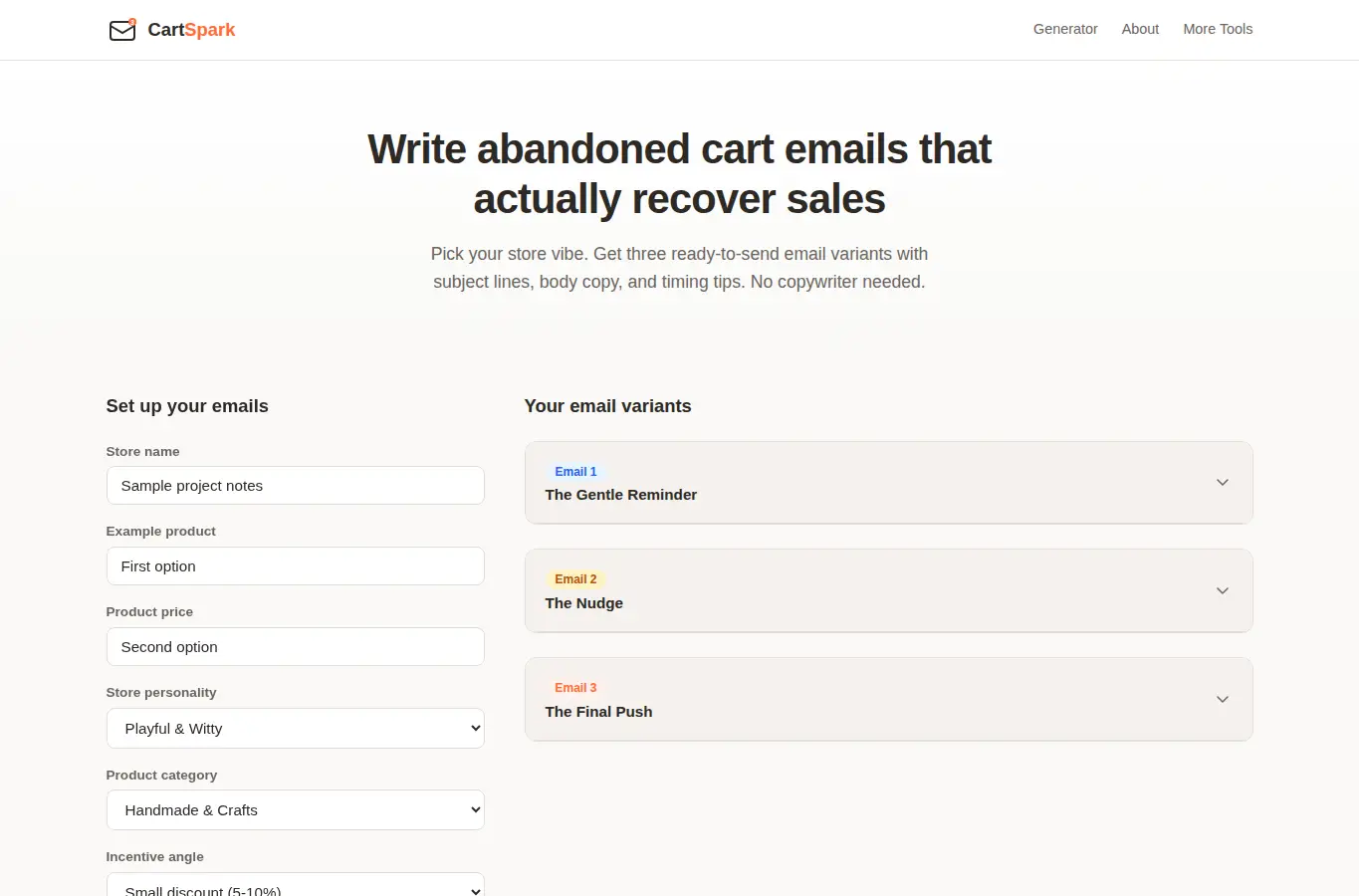 Screenshot of Abandoned Cart Email Spark interface showing the project page in use